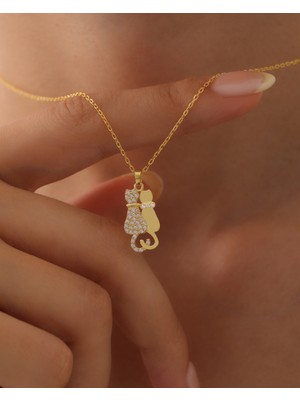 missamori 925 Ayar Gümüş Gold Kaplama Zirkon Taşlı Sarılan Kediler Kolye