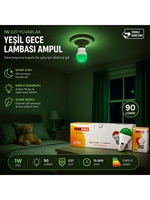 Pileli Store 10 Adet 1W E27 Yeşil Yuvarlak Gece Lambası LED Ampul EAMP-075 (4887)