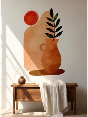 S Digital Boho Duvar Sticker - Soyut Geometrik Yapraklı Vazo Iskandinav Tarz Duvar Süsü - Toprak ve Terracotta Tonları - 3 Ölçü Seçeneği