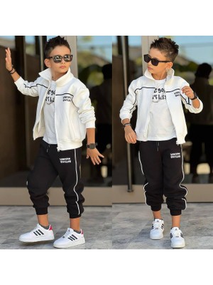 Ay Kids Erkek Çocuk 3 Parça Şardonlu 3 Iplik Eşofman Takımı – Fermuarlı Ceket, Tişört ve Jogger Pantolon 43182-B