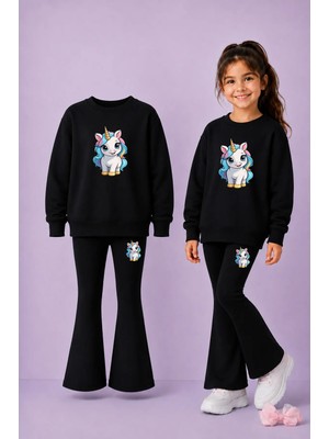 Vodexa Kız Çocuk Ispanyol Paça Tayt Takımı Bisiklet Yaka Sweatshirt Kışlık Alt Üst Takım