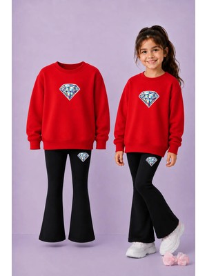 Vodexa Kız Çocuk Ispanyol Paça Tayt Takımı Bisiklet Yaka Sweatshirt Kışlık Alt Üst Takım