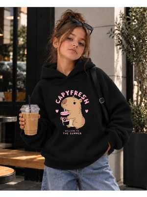 Vodexa Kapüşonlu Sweatshirt Kız Çocuk 3 Iplik Şardonlu Kışlık Baskılı Hoodie