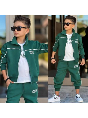 Ay Kids Erkek Çocuk 3 Parça Şardonlu 3 Iplik Eşofman Takımı – Fermuarlı Ceket, Tişört ve Jogger Pantolon 43182-Y