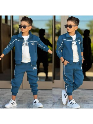 Ay Kids Erkek Çocuk 3 Parça Şardonlu 3 Iplik Eşofman Takımı – Fermuarlı Ceket, Tişört ve Jogger Pantolon 43182-M
