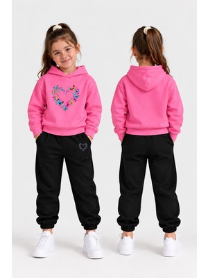 Vodexa Kız Çocuk Kapüşonlu Eşofman Takımı-Sweatshirt ve Eşofman Altı Kışlık Alt Üst Takım