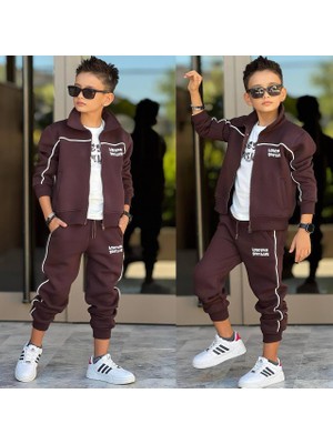 Ay Kids Erkek Çocuk 3 Parça Şardonlu 3 Iplik Eşofman Takımı – Fermuarlı Ceket, Tişört ve Jogger Pantolon 43182-K
