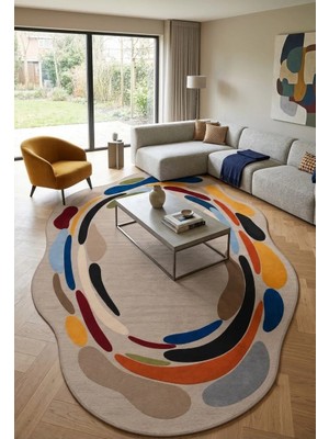 Bazaar Forum Amorf (Oval) Dijital Baskı Pamuk Dokuma Kaymaz Taban Modern Dekoratif Halı Salon-Antre Halısı
