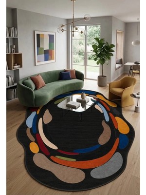 Bazaar Forum Amorf (Oval) Dijital Baskı Pamuk Dokuma Kaymaz Taban Modern Dekoratif Halı Salon-Antre Halısı