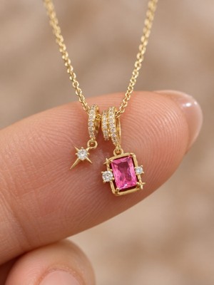 Beatis Pembe Taşlı Yıldız Charm Kolye Altın Renk Zirkon Detaylı Kadın Kolye