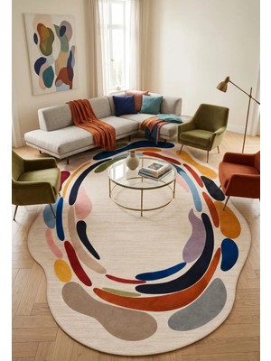 Bazaar Forum Amorf (Oval) Dijital Baskı Pamuk Dokuma Kaymaz Taban Modern Dekoratif Halı Salon-Antre Halısı