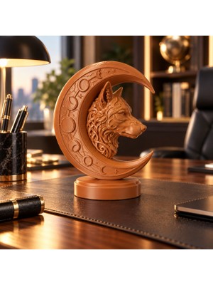 Eb Studio Bozkurt Ay Biblosu – Hilal Içinde Kurt Figürü 20 cm – Ofis Masaüstü Dekoratif Heykel
