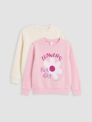 Lc Waikiki Yeni Sezon Ekru Baskılı Kız Çocuk Kalın Sweatshirt 2'li