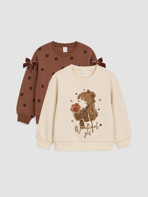 Lc Waikiki Yeni Sezon Pembe Baskılı Kız Çocuk Kalın Sweatshirt 2'li