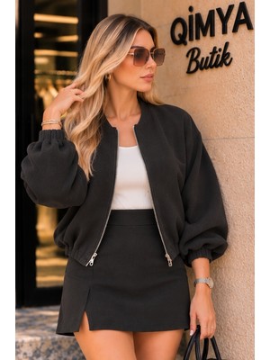 Qimya Butik Mui Kadın Yakasız Fermuarlı Balon Kollu Basic Premium Ceket