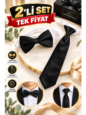 Cappadocians Erkek & Kız Çocuk 1-7 Yaş Lastikli Kravat & Lastikli Papyon - Siyah Renk 2'li Set - Unisex