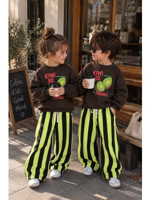 Cg Kids Kiwi Best Friends Baskılı Sweatshirt ve Çizgili Eşofman Altı Unisex Alt Üst Takım