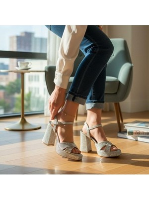 Foreversoles Kadın Gümüş Kaliteli Materyal Platform Topuklu Sandalet Düğün Nişan Davet