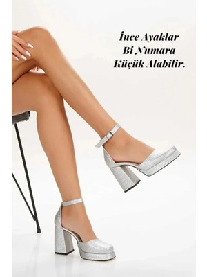 Foreversoles Gümüş Platform Bilekten Bağlamalı Kadın Abiye Topuklu Ayakkabı - Abiye, Nişan ve Davet
