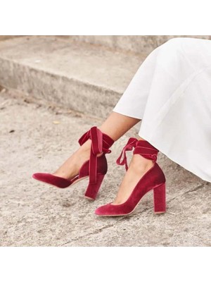 Foreversoles Kadın Kırmızı Kadife Görünümlü Ince Topuklu Kapalı Burun Stiletto Ayakkabı Düğün Nişan Davet
