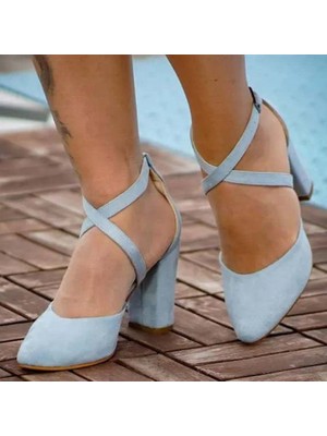 Foreversoles Kadın Mavi Suni Deri Kalın Topuklu Kapalı Burun Abiye Ayakkabı Düğün Nişan Davet