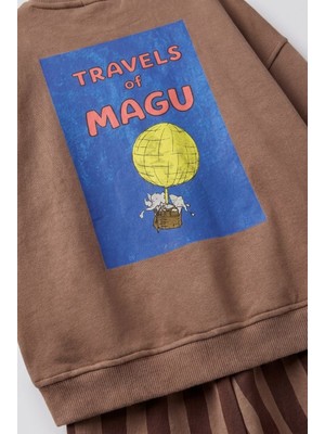Çocuk Pamuklu Magu And Travel Desenli Kahverengi Sweatshirt ve Çizgili Eşofman Takımı