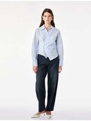 Koton Slim Fit Pamuklu Kruvaze Uzun Kollu Çizgili Poplin Gömlek