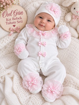 Sönmez Bebe Özel Gün Kız Bebe Tulum Fisto Fiyonk ve Inci Detaylı Mevlütlük Tulum Seti