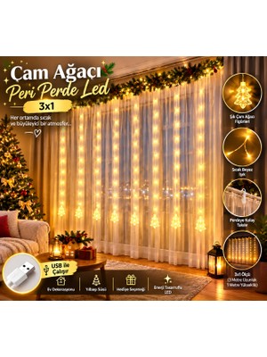 MixmioLife Çam Ağacı Figürlü USB LED Perde Işık 3x1 Metre Sıcak Beyaz Yılbaşı Dekorasyon Peri LED