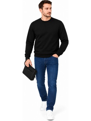 Justas Erkek Siyah Bisiklet Yaka 3 Iplik Şardonlu Sweatshirt