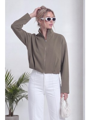 thezkscom Kadın  Fermuarlı Crop Bomber Ceket Haki, Siyah, Kırmızı, Bej, Kahverengi