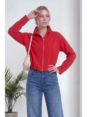 thezkscom Kadın  Fermuarlı Crop Bomber Ceket Haki, Siyah, Kırmızı, Bej, Kahverengi