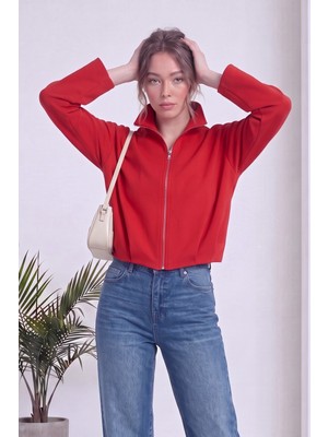 The ZKS Kadın Bomber Ceket Fermuarlı Cepli Crop Haki, Siyah, Kırmızı, Bej, Kahverengi