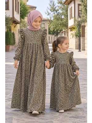Betül Akbay Kız Çocuk Tesettür Elbise – Pamuklu Viskon Amine Model Tam Boy – Haki