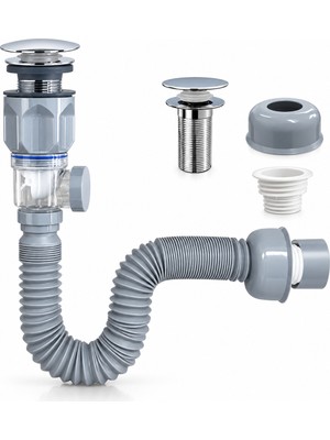 UmoTech Koku Önleyici Yeni Nesil Pop-Up Lavabo Sifonu Esnek Gider Hortumlu Basmalı Taslı Körüklü Gider Seti
