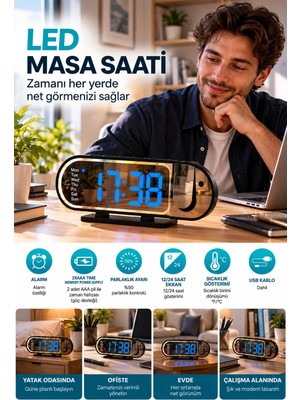 Modern Dijital LED Masa Saati Alarm Özellikli 12 24 Saat Seçenekli Sıcaklık Göstergeli Ekran