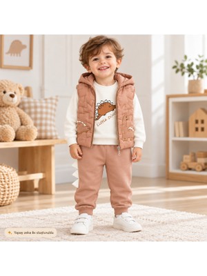 Tace Kids Erkek Bebek 3’lü Kapüşonlu Takım Dinozor Desenli  Şişme Yelek Sweatshirt ve Pantolon