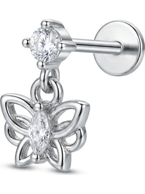 Valor Gümüş Renk Kelebek Detaylı Sallantılı Taşlı Çelik Tragus Piercing | PIR0068