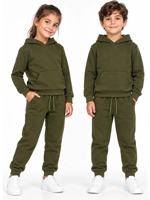 Lugmo Unisex Kız Erkek Çocuk Haki 3 Iplik Kapüşonlu Kanguru Cepli Eşofman Takımı