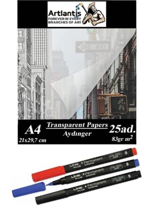 Aydınger Kağıdı A4 83 G 25'li 1 Paket Eskiz Kağıdı Lineplus Asetat Kalemi S 0.3 Siyah Kırmızı Mavi