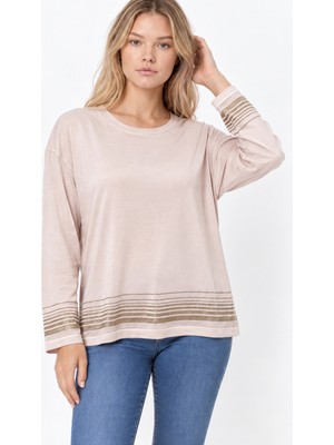 Etki Moda Kadın Kolları ve Eteği Sim Detaylı Mevsimlik Merselize Triko Bluz