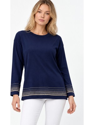 Etki Moda Kadın Kolları ve Eteği Sim Detaylı Mevsimlik Merselize Triko Bluz