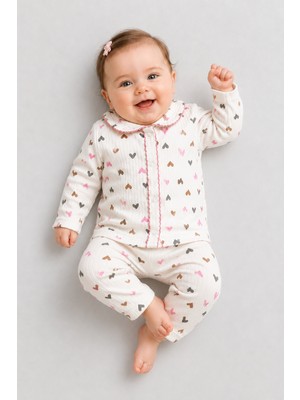 BEBEKİZ Kız Bebek Kalpli Fitilli 2’li Pijama Takımı Uzun Kollu Bebe Yaka, Önden Düğmeli Alt Üst Takım 03 Ay