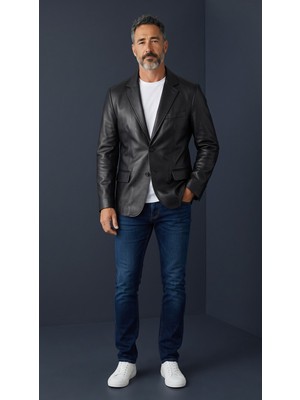 PAK Erkek Siyah Hakiki Deri Blazer Ceket
