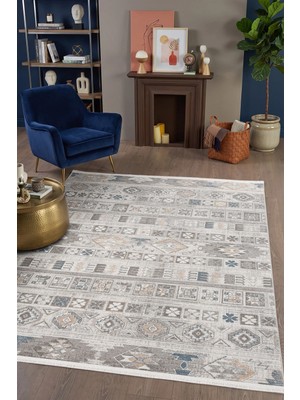 Hünkar Halı Milas Krem Etnik Otantik Eskitme Halı Bohem Tarzı %100 Polyester Vintage Makine Halısı Salon