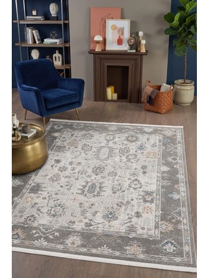 Hünkar Halı Milas Vizon Klasik Desenli Vintage Halı Pamuk Taban Eskitme Polyester Salon Oturma Odası Halısı