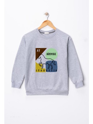 Dekim Moda Kız Çocuk "at Binmek Sünnettir" Baskılı Pamuklu Sweat