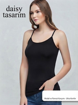 Daisy Tasarım Kadın Siyah ve Beyaz Ip Askılı Modal ve Pamuk Karışımı Ultra Konforlu Esnek Atlet