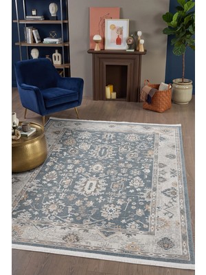 Hünkar Halı Milas Mavi Yumuşak Dokulu Modern Vintage Halı Dört Mevsim %100 Polyester Dokuma Yatak Odası