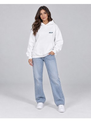 Backlain Mod Style Unisex Beyaz 3 Iplik Kalın Kumaş Kapüşonlu Hoodie Sweatshirt Oversize